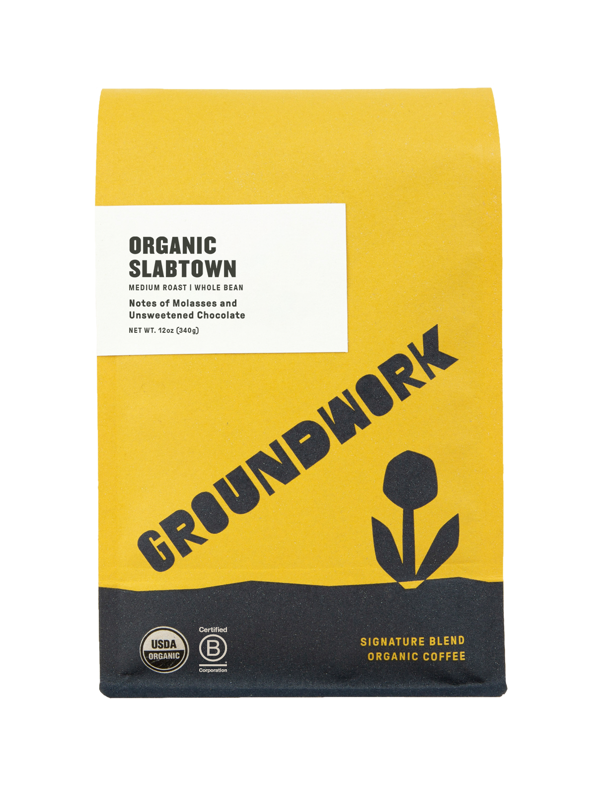 A yellow and white bag of Groundwork Coffee’s Slabtown medium roast whole bean, with a tulip design, organic labels, and notes of unsweetened chocolate.
