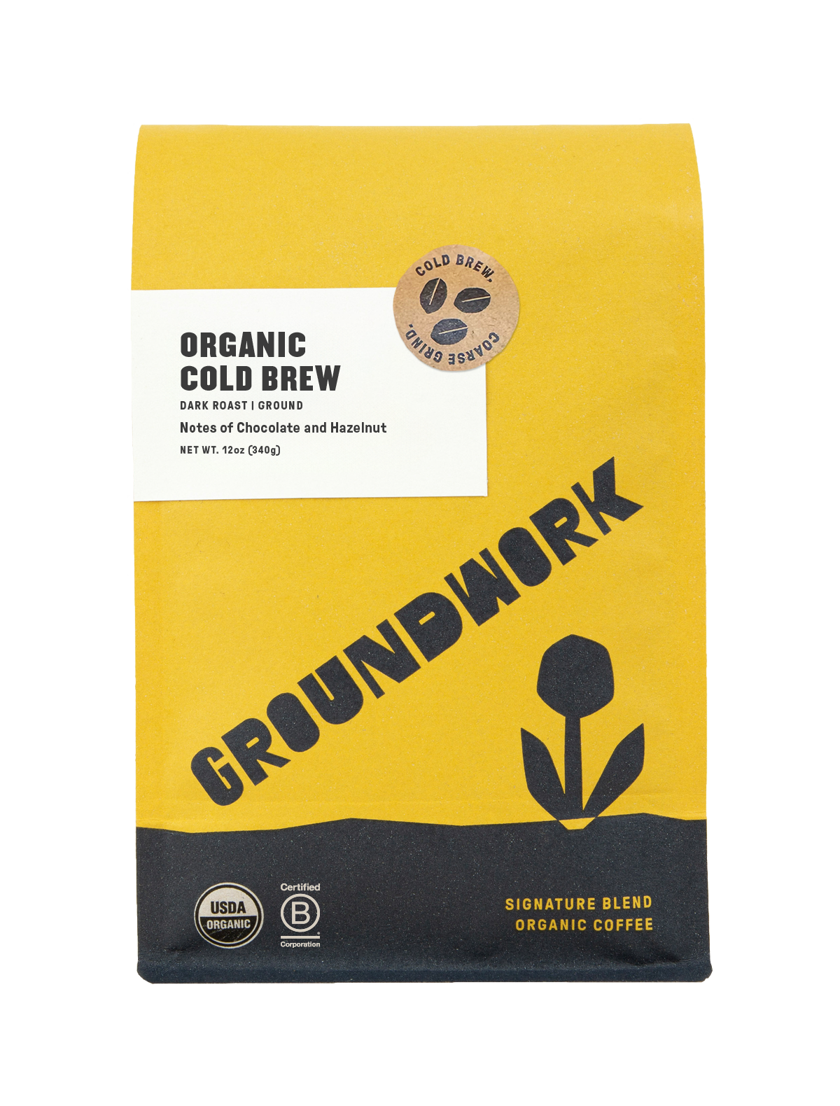 A yellow and black bag of Groundwork Coffee Store Organic Cold Brew Blend, dark roast with chocolate and hazelnut notes, flower graphic, and USDA Organic label.