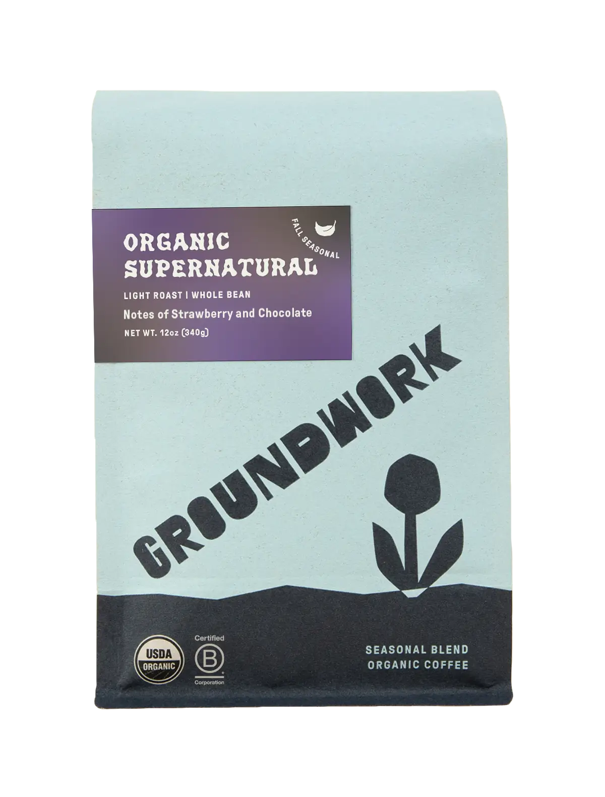 A bag of Groundwork Coffee Store’s Seasonal Select: Supernatural light roast whole bean coffee with chocolate and strawberry notes, USDA Organic.
