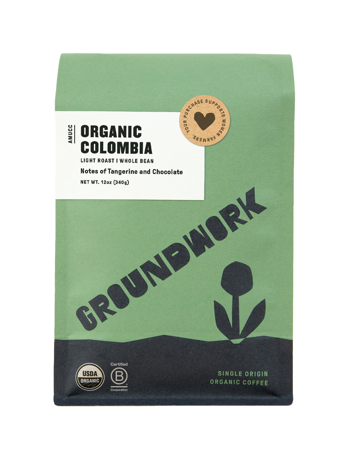 A green and beige bag of Groundwork Coffee’s Colombia: AMUCC Fair Trade whole bean coffee with a flower graphic, certification logos, and notes of tangerine and milk chocolate.