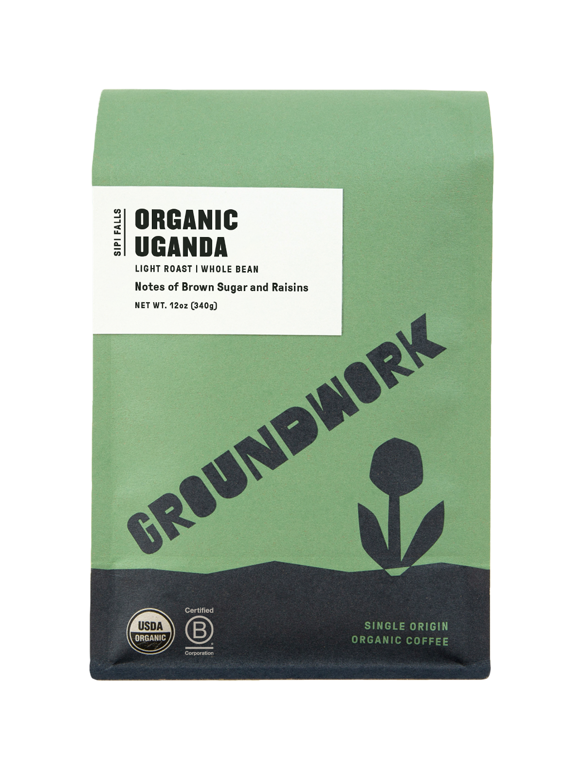 A green bag of Groundwork Coffee Uganda: Bugisu Sipi Falls Project light roast whole bean, single origin and USDA organic, with brown sugar and raisins notes.