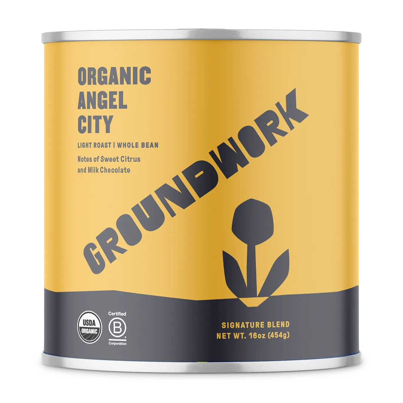 A 16oz yellow and gray can of Groundwork Coffees Angel City light roast whole bean, featuring sweet citrus notes and a flower graphic.