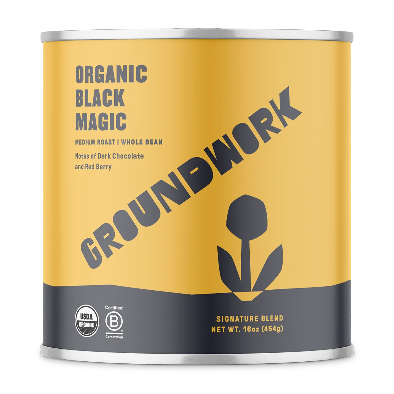 Groundwork Organic Black Magic Coffee, 16oz canister of medium roast whole bean with notes of dark chocolate and red berry. Yellow and black packaging with USDA Organic and Certified B Corporation seals.