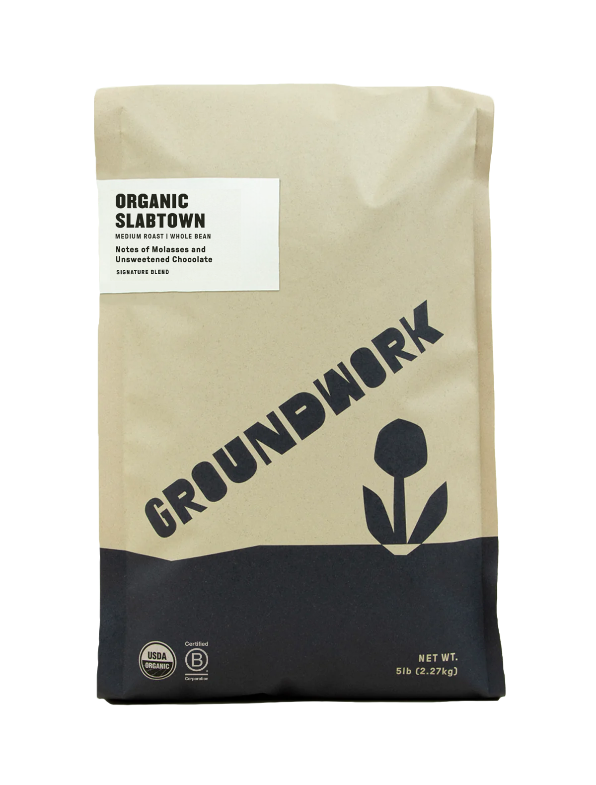 A 5-lb bag of Groundwork Coffee’s Slabtown whole bean, medium roast, in beige/black with flower graphic—tasting notes: molasses and unsweetened chocolate.