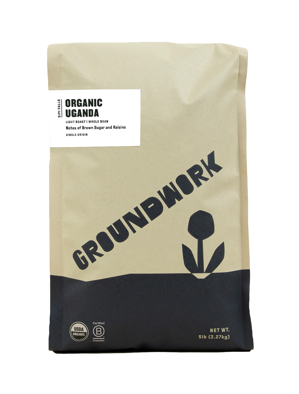 A 5lb brown bag of Groundwork Coffee Uganda: Bugisu Sipi Falls Project light roast, whole beans. White label with black text and flower graphic; notes of brown sugar and raisins.