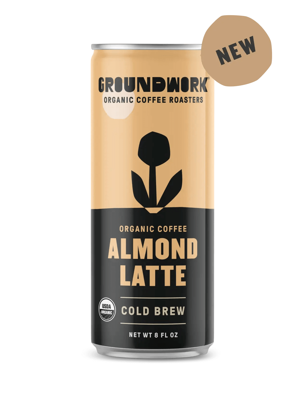 A can of Groundwork Coffee Organic Cold Brew Latte, with a black and beige design, a flower graphic, and a "NEW" label at the top right.