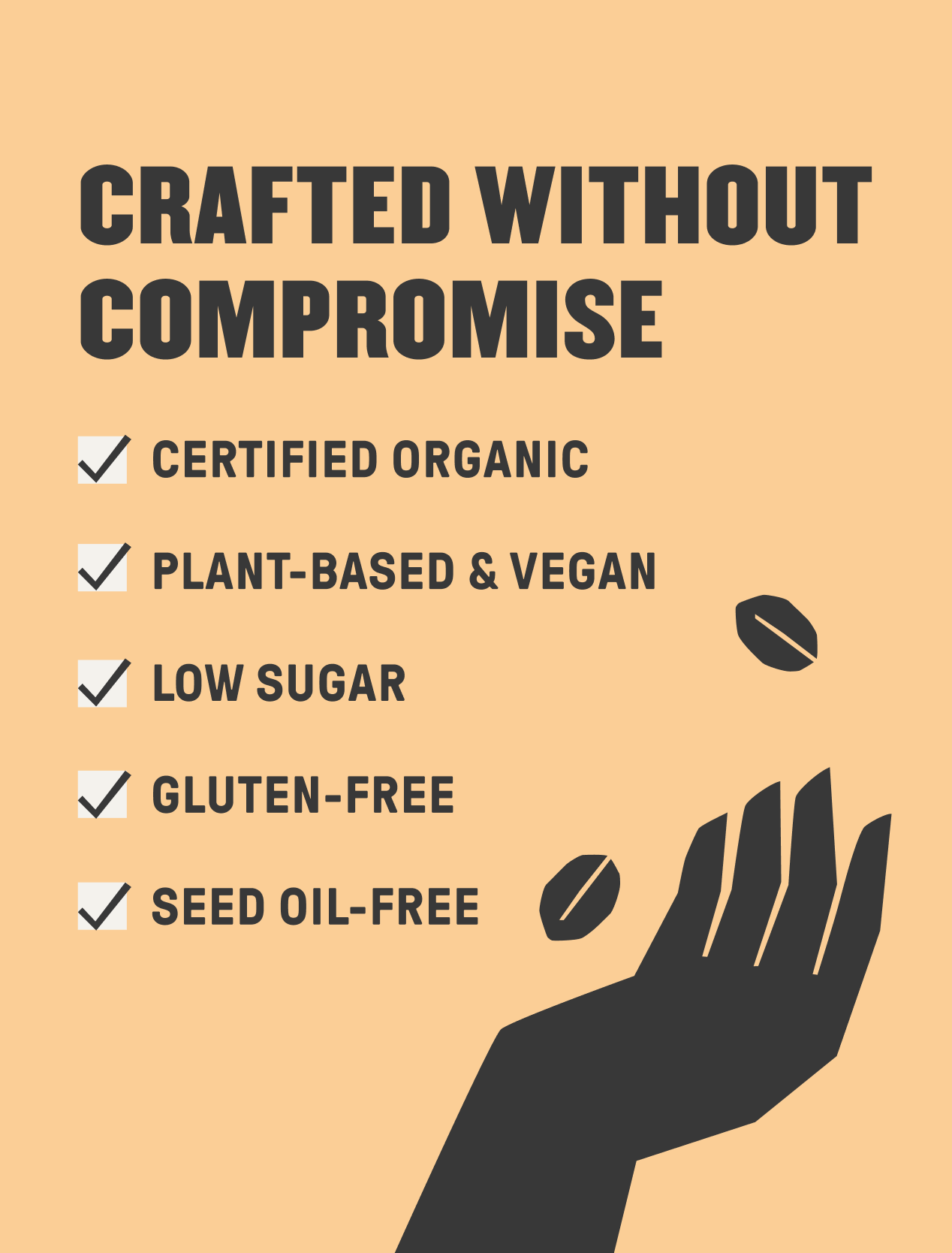 Text on a tan background reads “Crafted Without Compromise” with checkmarks listing Organic Cold Brew Latte features; a black hand holds coffee beans, by Groundwork Coffee.
