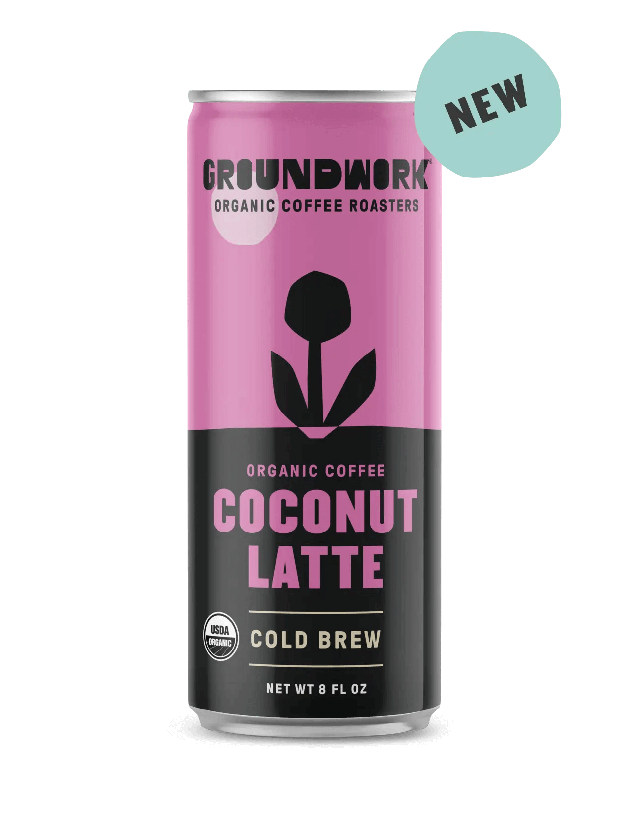 A can of Groundwork Coffee Organic Cold Brew Latte with a pink and black design and a "NEW" label in the top right corner.
