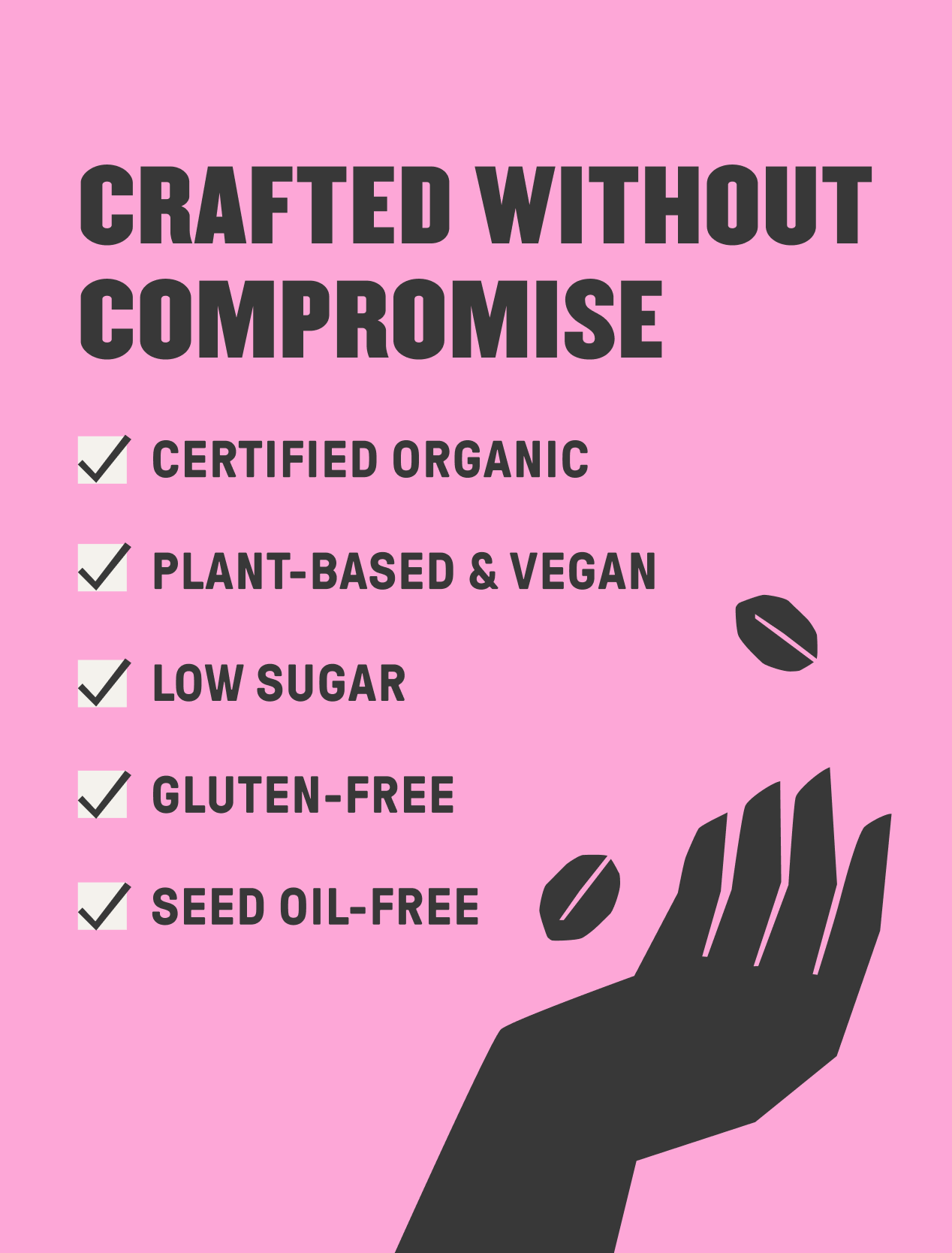 A pink graphic for Groundwork Coffee's Organic Cold Brew Latte says "Crafted Without Compromise" with checkmarks: certified organic, plant-based, vegan, low sugar, gluten-free, seed oil-free. Hand & beans shown.