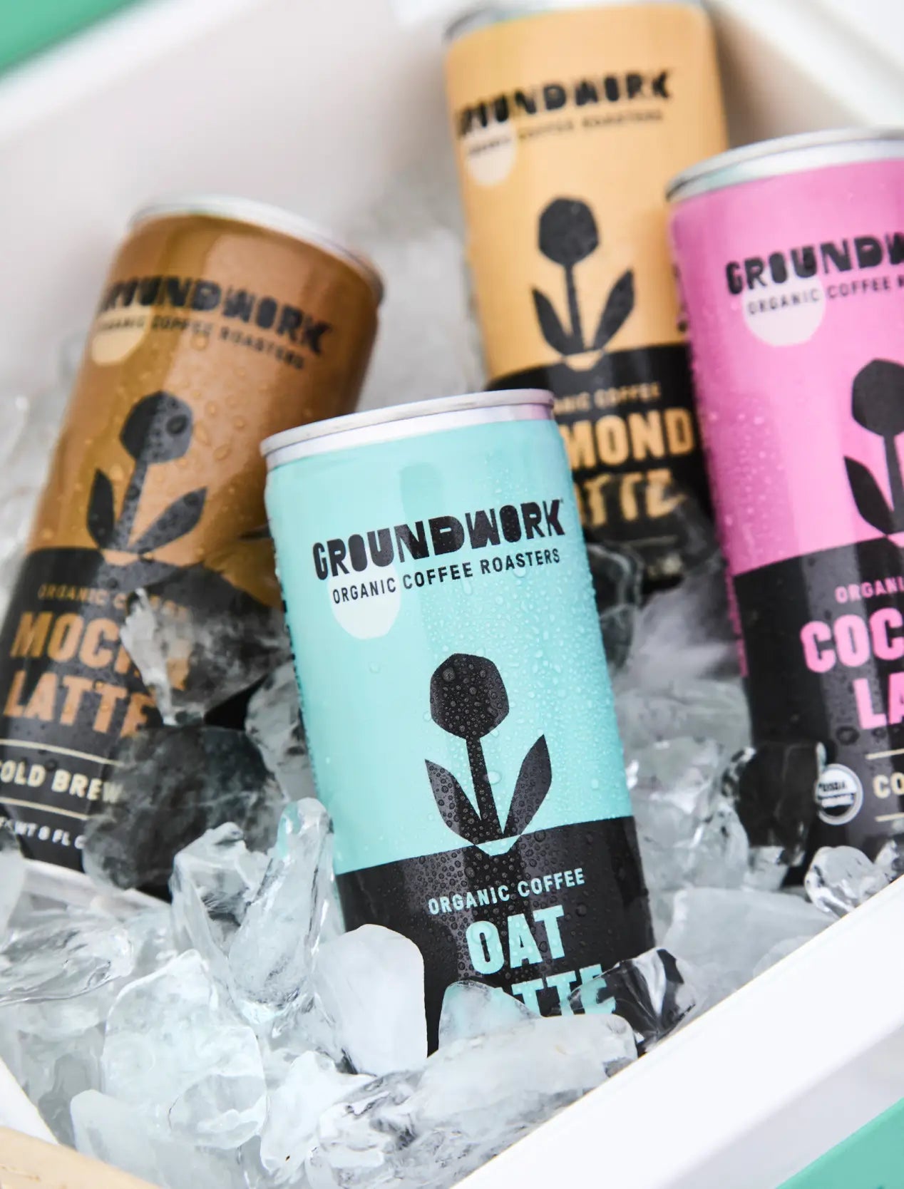 Four colorful cans of Groundwork Coffee Organic Cold Brew Latte, each with a flower graphic, are chilled on ice in a cooler.