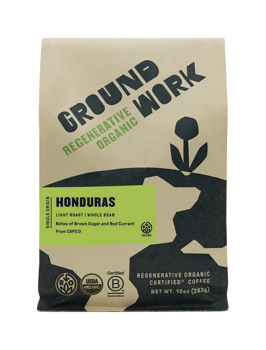 A beige and black 10 oz bag of Groundwork Coffee Regenerative Organic Certified® Honduras CAFICO, whole bean, with brown sugar and red currant notes. USDA organic certified.
