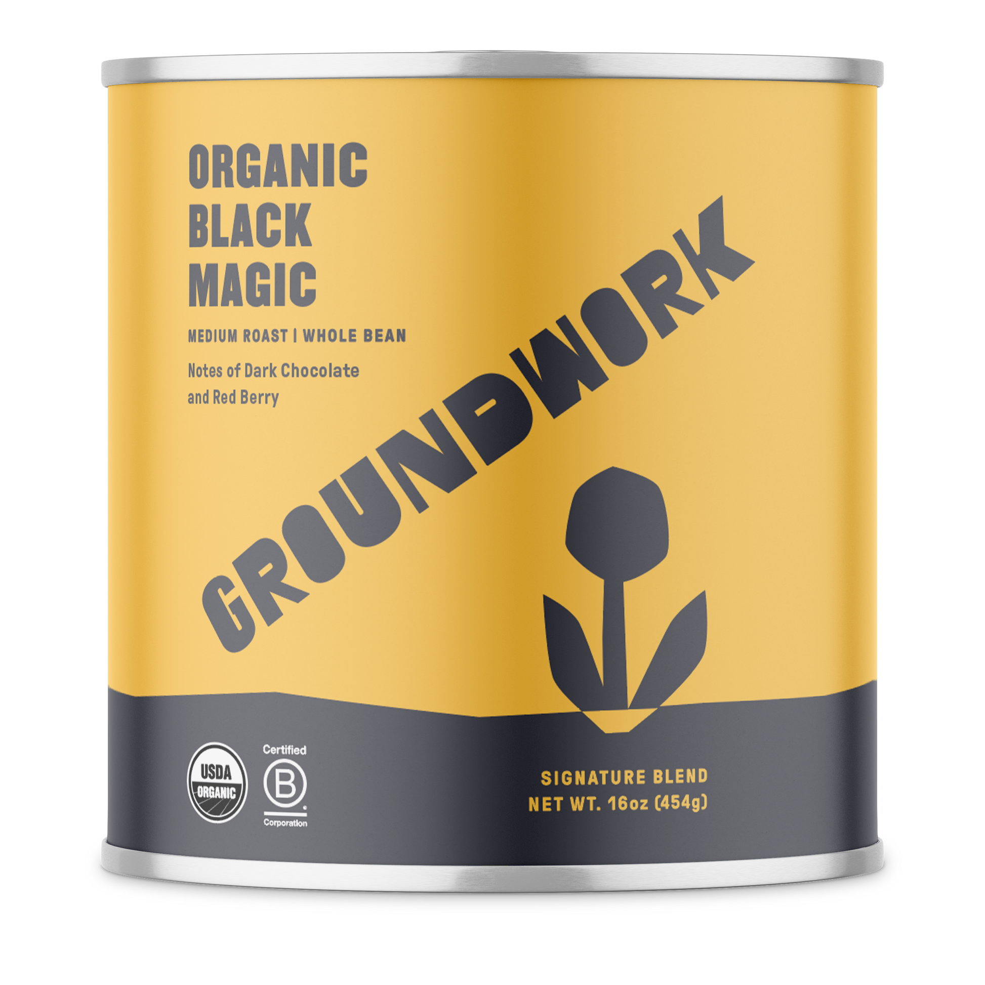 Groundwork Organic Black Magic, 16oz canister of medium roast whole bean with notes of dark chocolate and red berry. Yellow and black packaging with USDA Organic and Certified B Corporation seals.