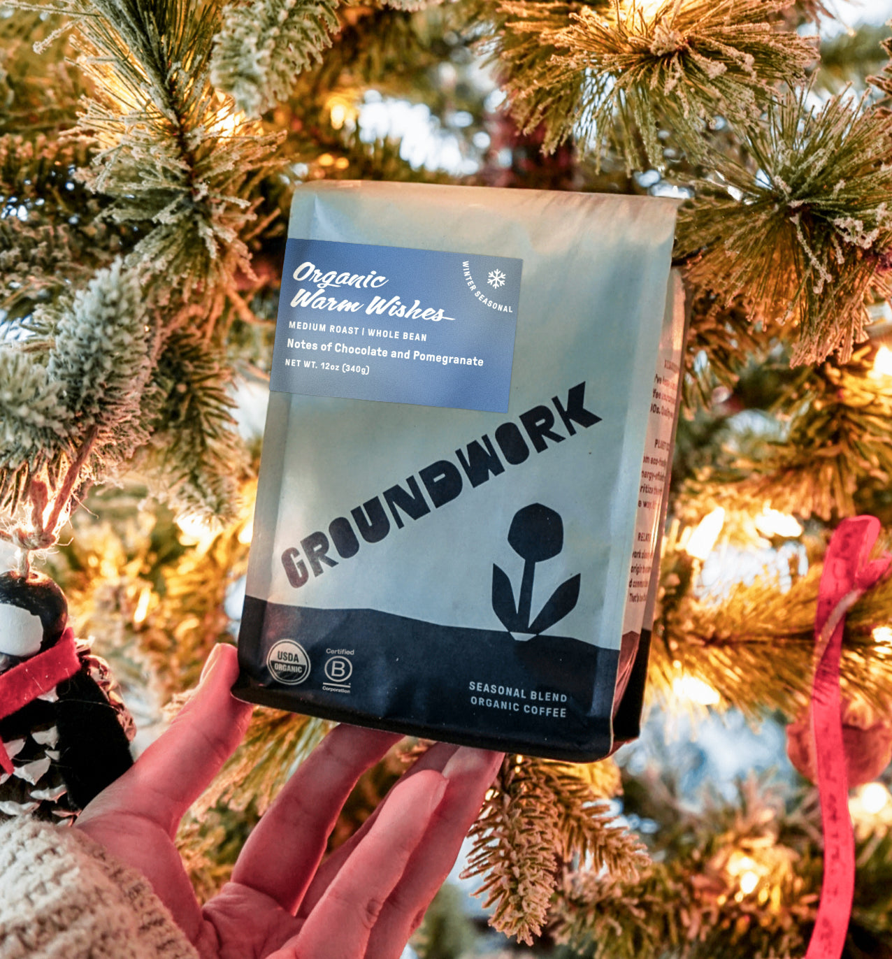 Hand holding a bag of Groundwork “Organic Warm Wishes” winter seasonal coffee in front of a decorated Christmas tree. The light blue packaging features a blue label reading “Organic Warm Wishes,” “Medium Roast,” “Whole Bean,” “Notes of Chocolate and Pomegranate,” and “Net Wt 12oz (340g)” with USDA Organic and Certified B Corp seals at the bottom.