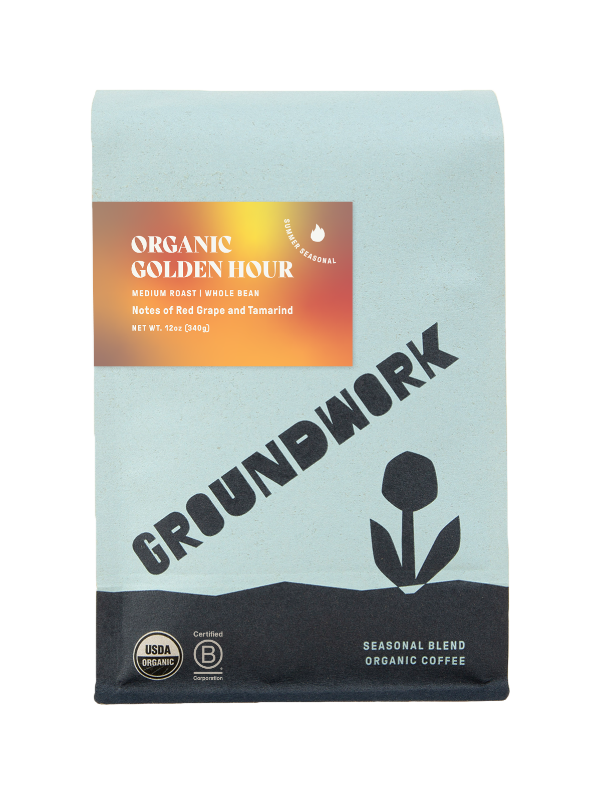 12oz bag of Groundwork Organic Golden Hour coffee. The packaging features a light blue upper section with a bold diagonal “GROUNDWORK” logo, black base, and stylized flower icon. A label reads “Organic Golden Hour – Medium Roast | Whole Bean – Notes of Red Grape and Tamarind,” and includes a “Summer Seasonal” mark. USDA Organic and Certified B Corporation logos appear at the bottom.