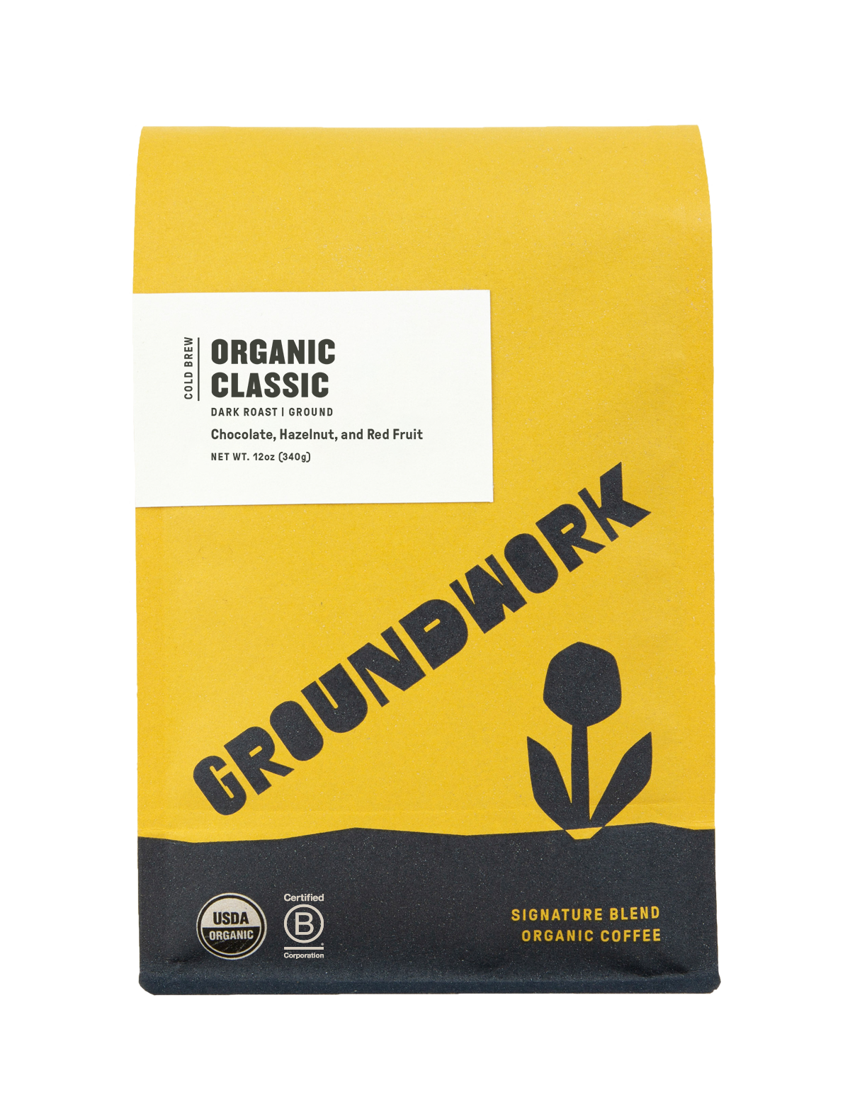 A yellow and black bag of Groundwork Coffee Store Cold Brew Blend with a tulip graphic, certification labels, and dark chocolate notes on the front.