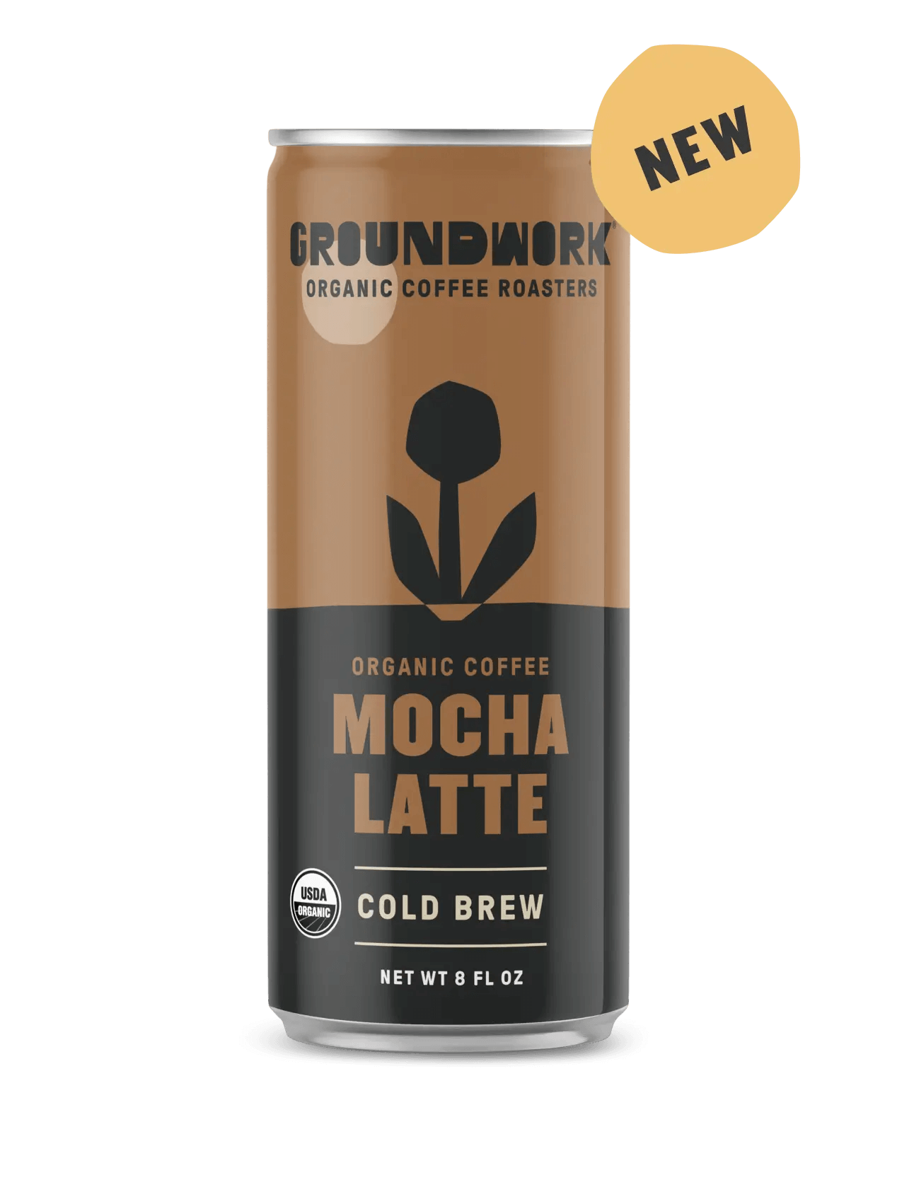 An 8 fl oz can of Groundwork Coffee Organic Cold Brew Latte with a flower design, a "NEW" label, and USDA organic certification.