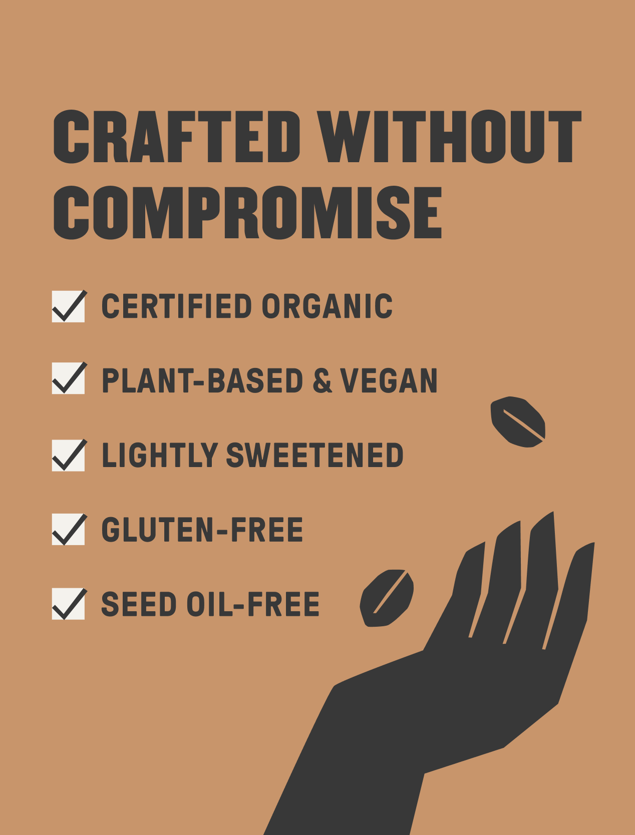 Text reads: Groundwork Coffee Organic Cold Brew Latte—certified organic, plant-based & vegan, lightly sweetened, gluten-free, seed oil-free. Black hand and coffee beans graphic.