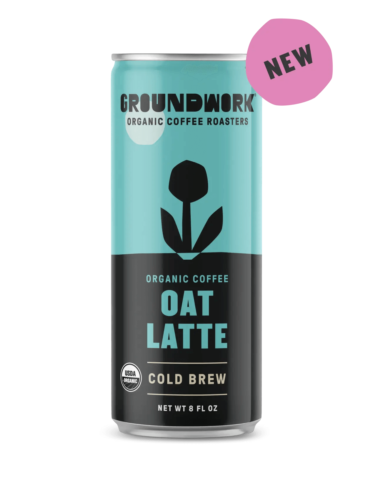 A can of Groundwork Coffee Organic Cold Brew Latte with a blue and black design and a NEW pink label in the corner.
