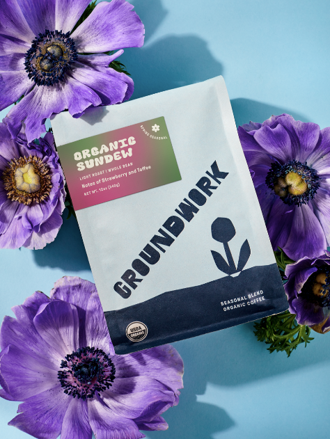 A bag of Groundwork Coffee Store Seasonal Select: Sundew rests on a blue surface amid purple anemones, its label noting strawberry and toffee flavors.