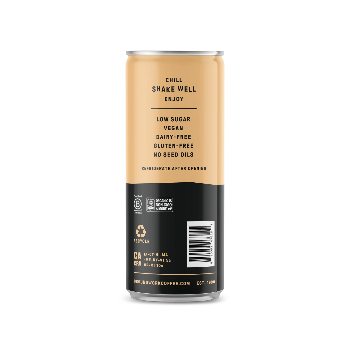 A tall can of Groundwork Coffee Organic Cold Brew Latte with a beige and black label: low sugar, vegan, dairy-free, gluten-free, no seed oils; chill, shake well, and enjoy.