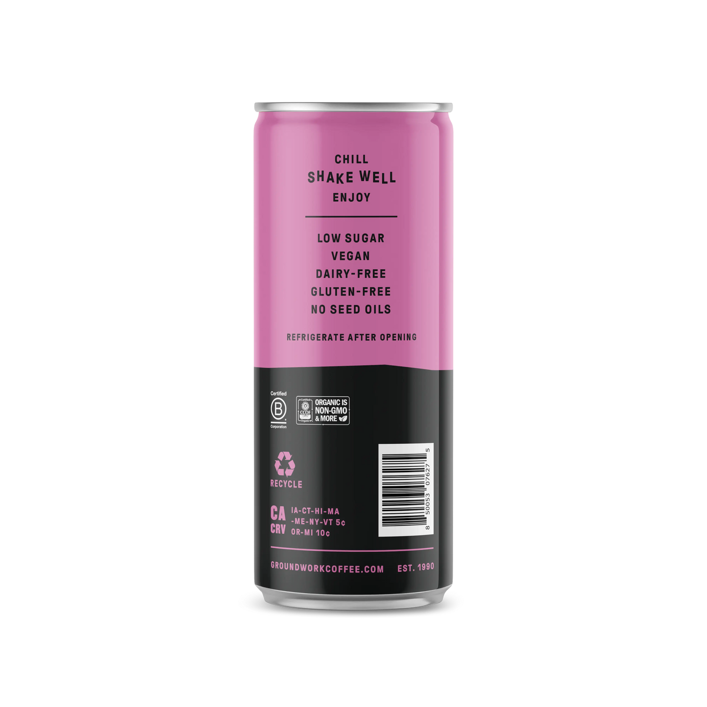 A pink and black can of Groundwork Coffee Organic Cold Brew Latte lists: low sugar, vegan, dairy-free, gluten-free, no seed oils. Chill, shake well, enjoy. Recycling info and website below.