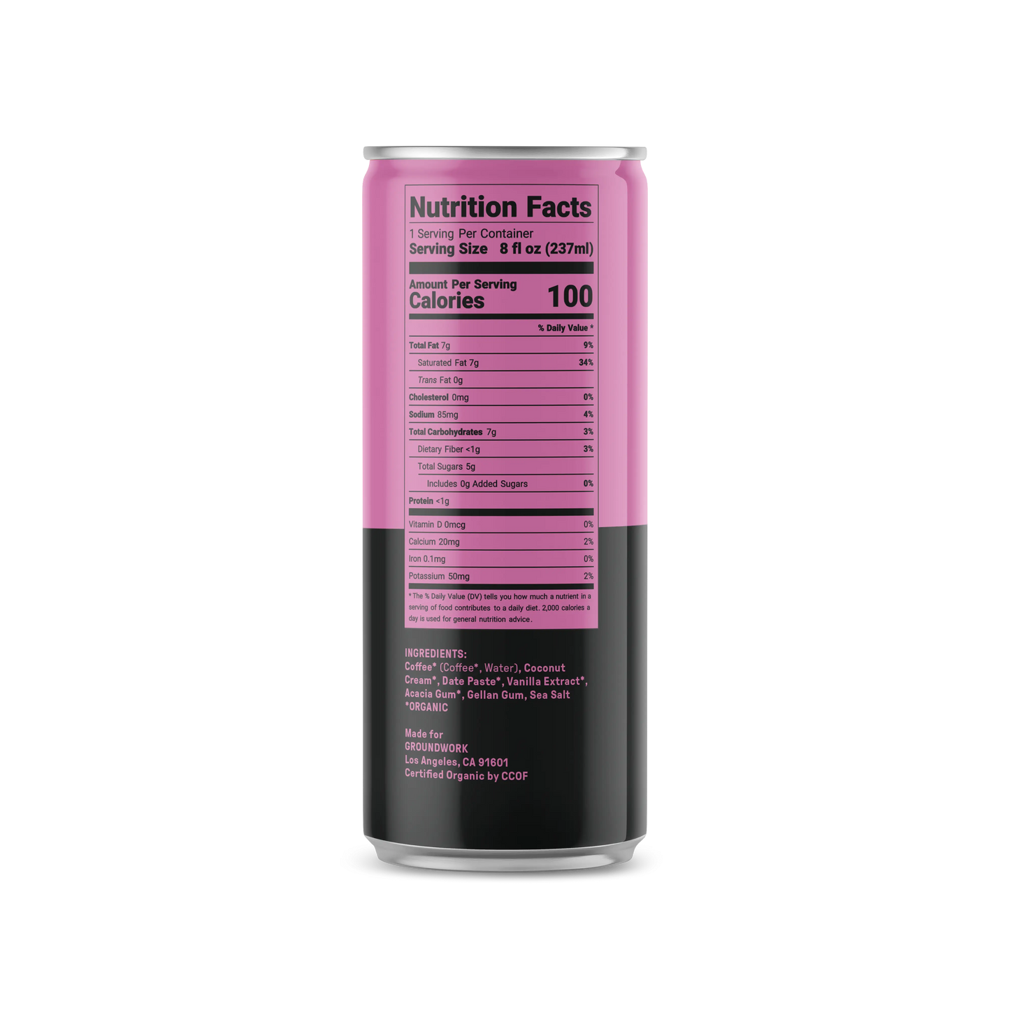 A tall can of Groundwork Coffee's Organic Cold Brew Latte features a pink and black label with nutrition facts and ingredients like coconut water and vanilla extract.