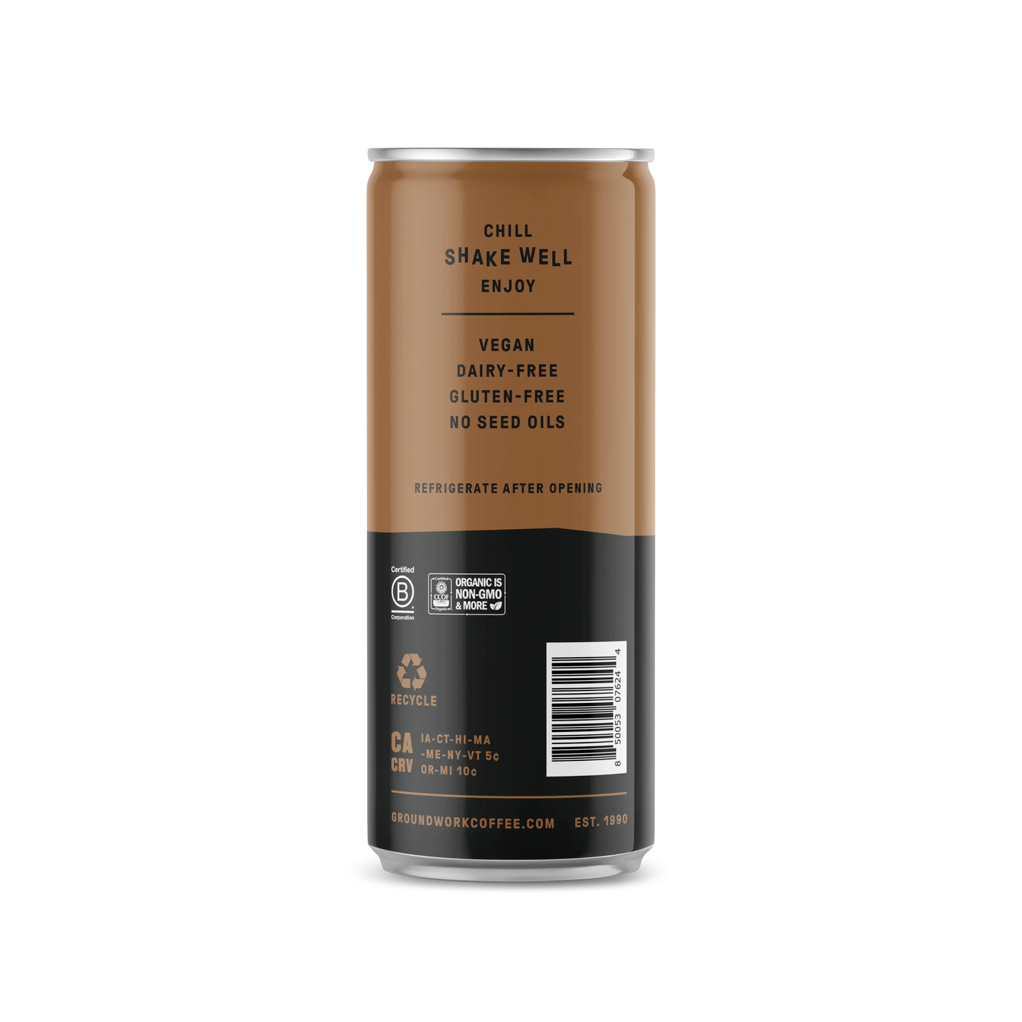 A brown and black can of Groundwork Coffee Organic Cold Brew Latte labeled vegan, dairy-free, gluten-free, no seed oils, with instructions to chill and shake well.