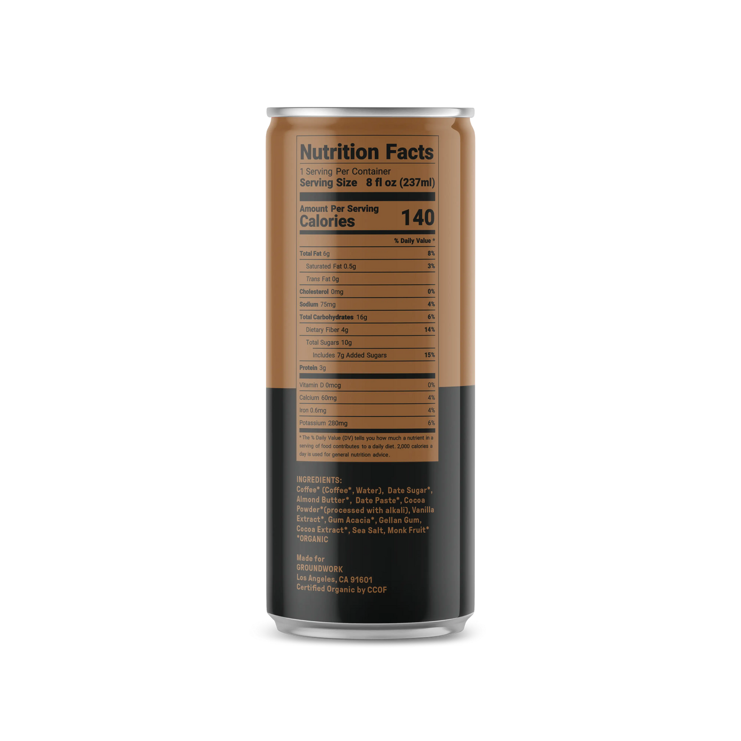 A can of Groundwork Coffee Organic Cold Brew Latte displays its nutrition facts label and ingredients list on the back.