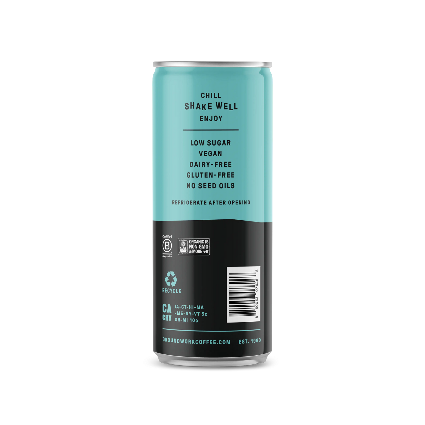 A blue and black Groundwork Coffee Organic Cold Brew Latte can lists: chill, shake well, enjoy, low sugar, vegan, dairy-free, gluten-free, no seed oils; instructions and recycling info included.
