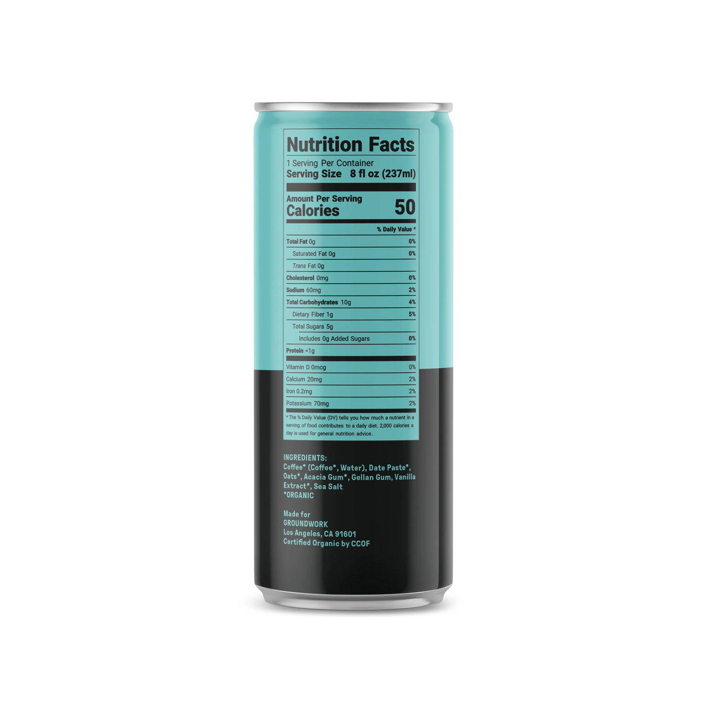A tall can of Groundwork Coffee Organic Cold Brew Latte, with a blue and black label displaying nutrition facts, stands upright on a white background.