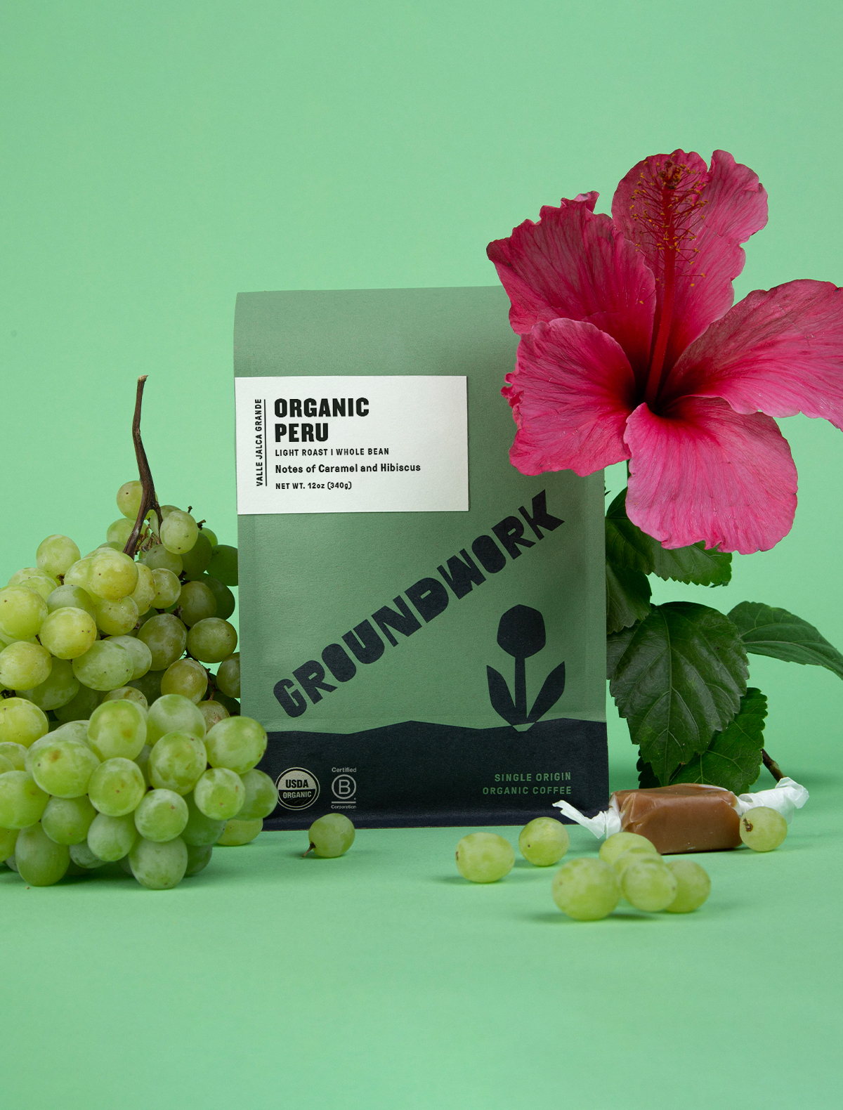 A bag of Groundwork Coffee Stores Peru: Valle Jalca Grande is surrounded by green grapes, a pink hibiscus flower, green leaves, and caramel candies on a light green background.