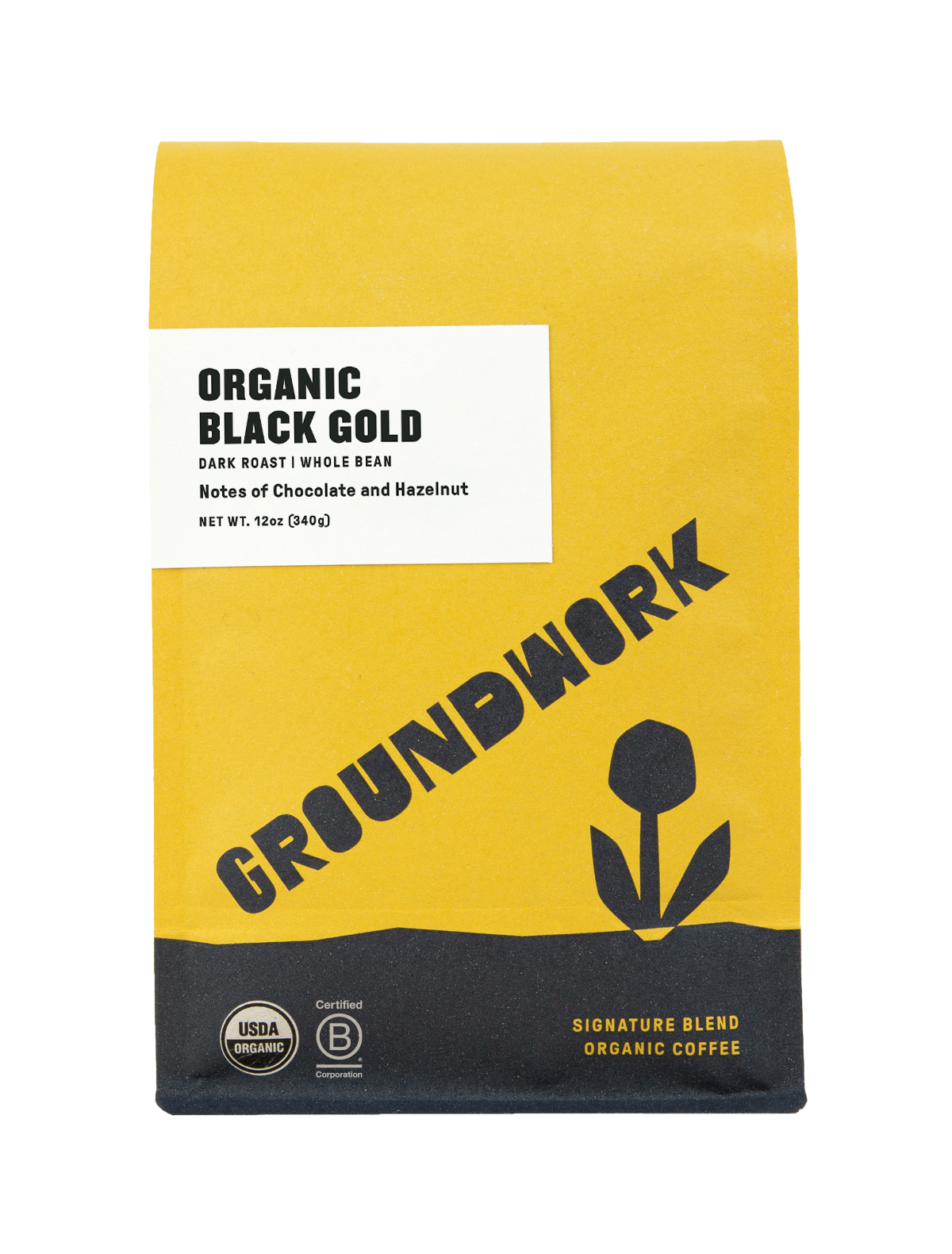 A yellow and black bag of Groundwork Coffee Co Black Gold whole bean coffee, featuring a tulip graphic and notes of dark roast chocolate and hazelnut.