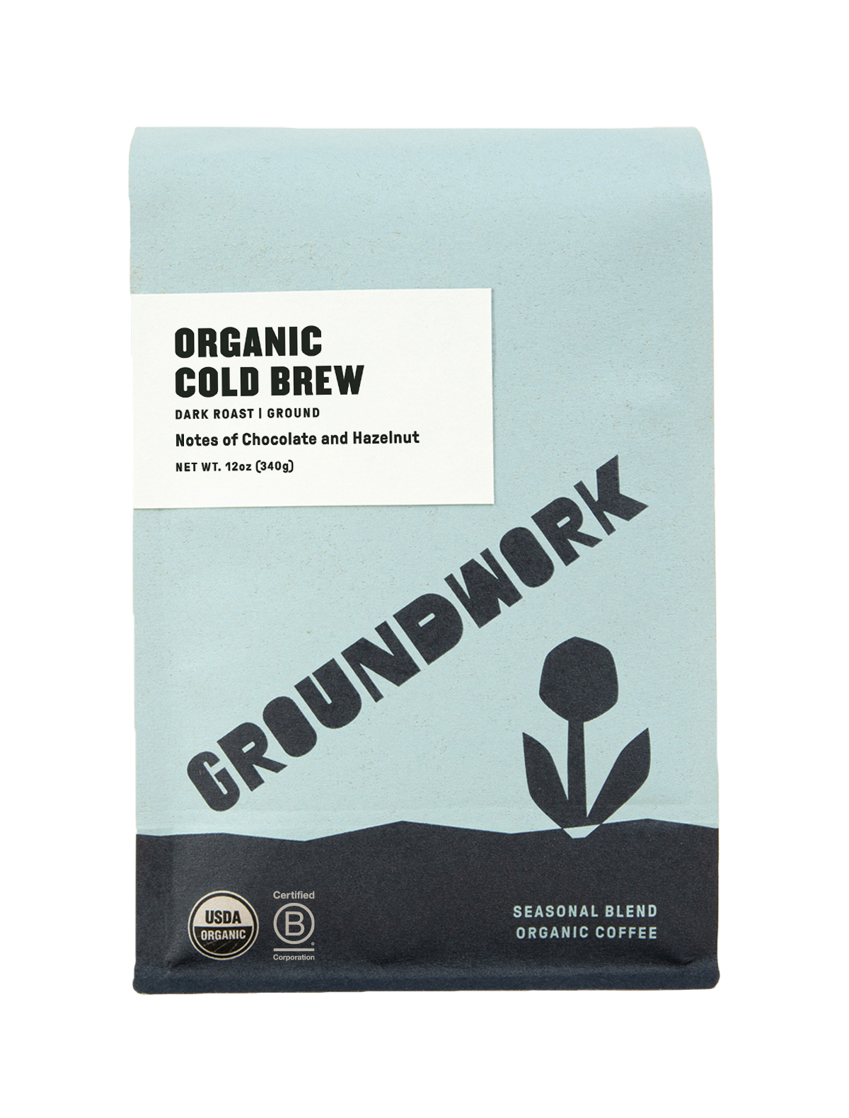 A light blue bag of Groundwork Coffee Stores Cold Brew Blend, dark roast with dark chocolate and hazelnut notes, certified USDA Organic.