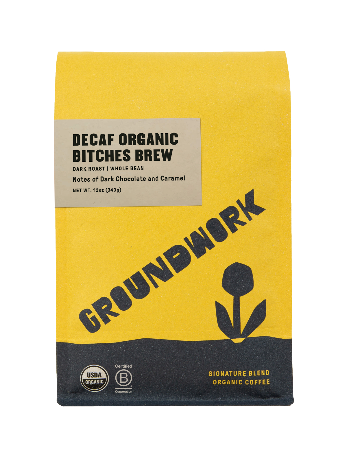 A yellow and brown bag of Groundwork Coffees Decaf Bitches Brew, a dark roast whole bean coffee with rich chocolate and caramel notes.