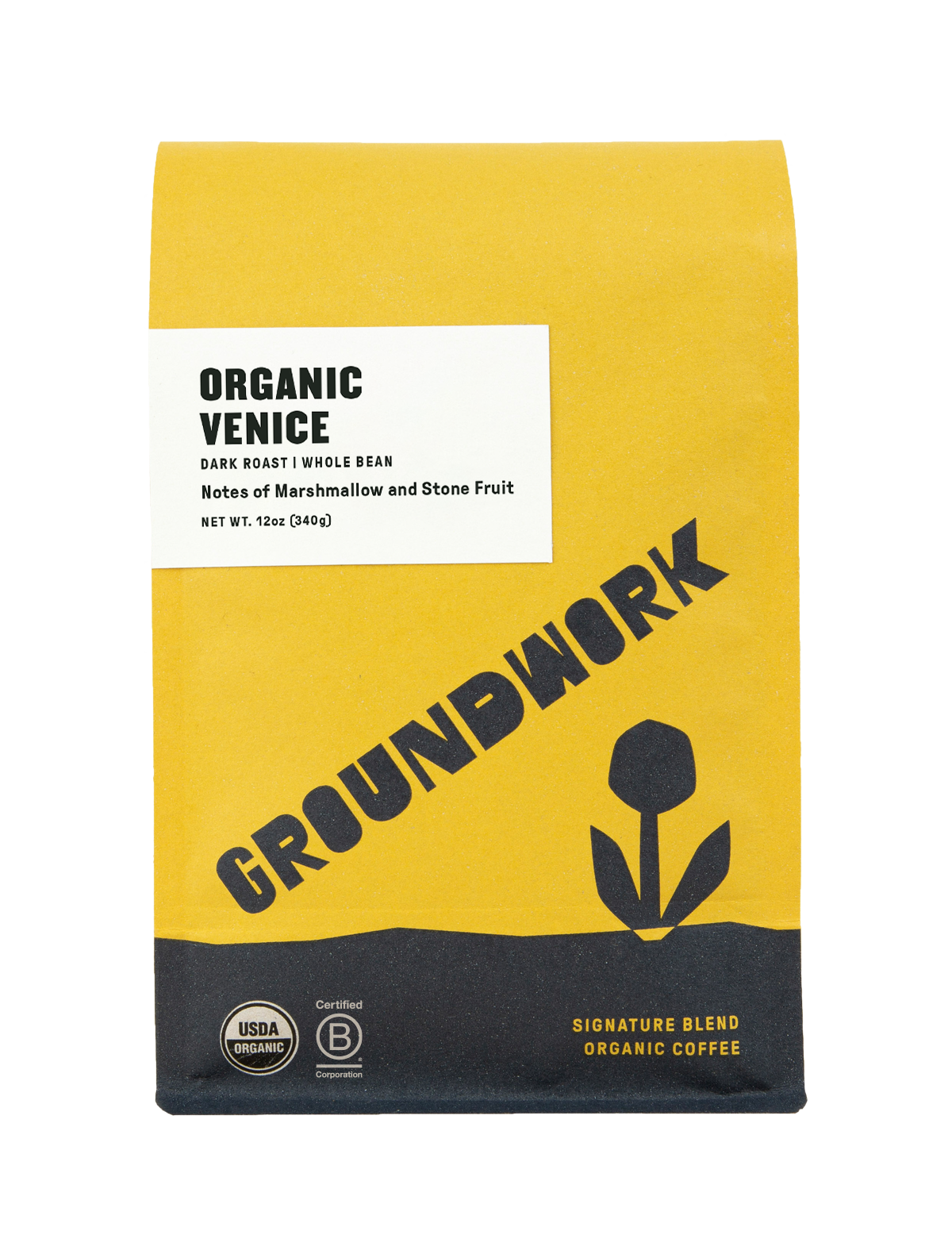 A yellow and white bag of Groundwork Coffees Venice Organic Dark Roast whole bean coffee featuring a tulip graphic and notes of marshmallow and stone fruit.