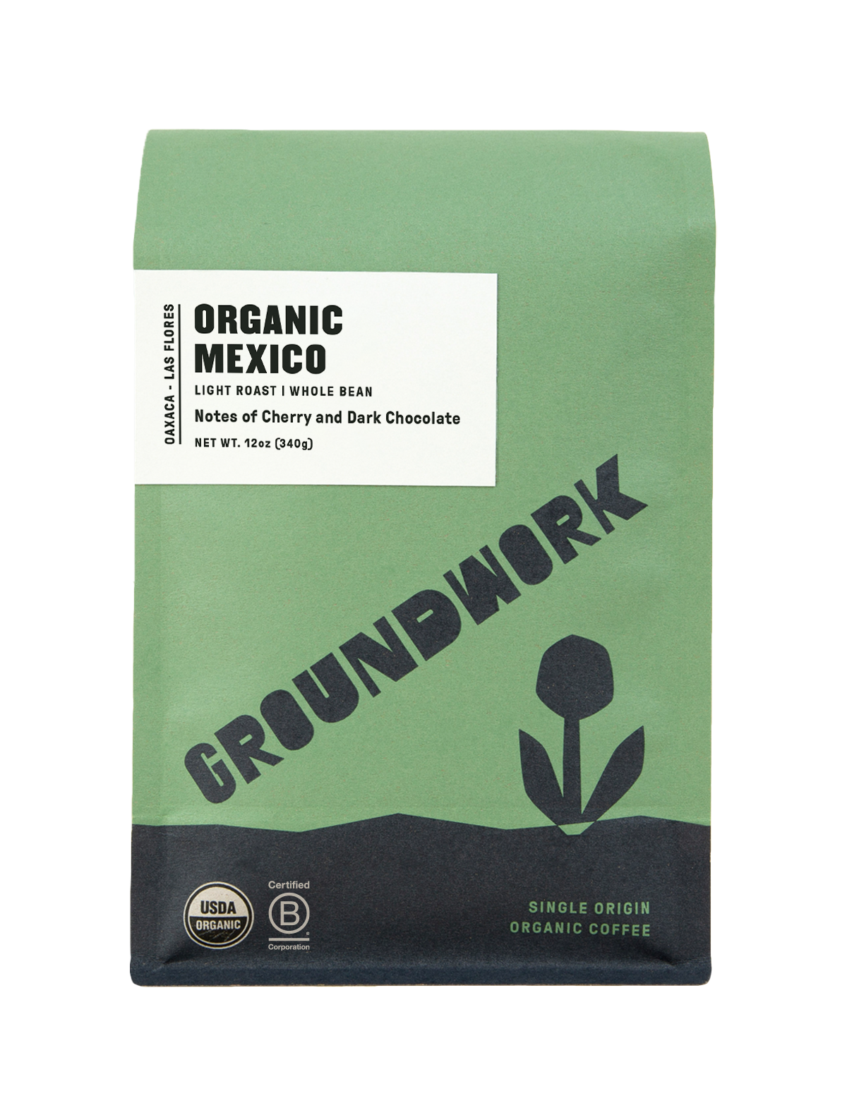 A green coffee bag labeled Groundwork Coffee Store Mexico: Oaxaca - Las Flores, whole bean, with cherry and dark chocolate notes. Organic and certified labels on bottom left.