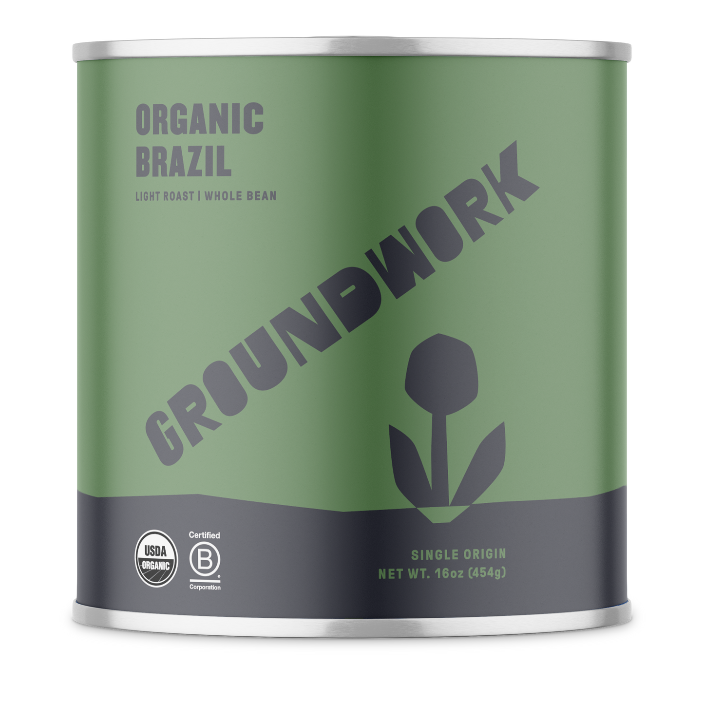 A 16oz can of Groundwork Coffee Stores Brazil: Fazenda Bela Epoca whole bean, with honey & panela notes, green label with plant graphic and certification logos.