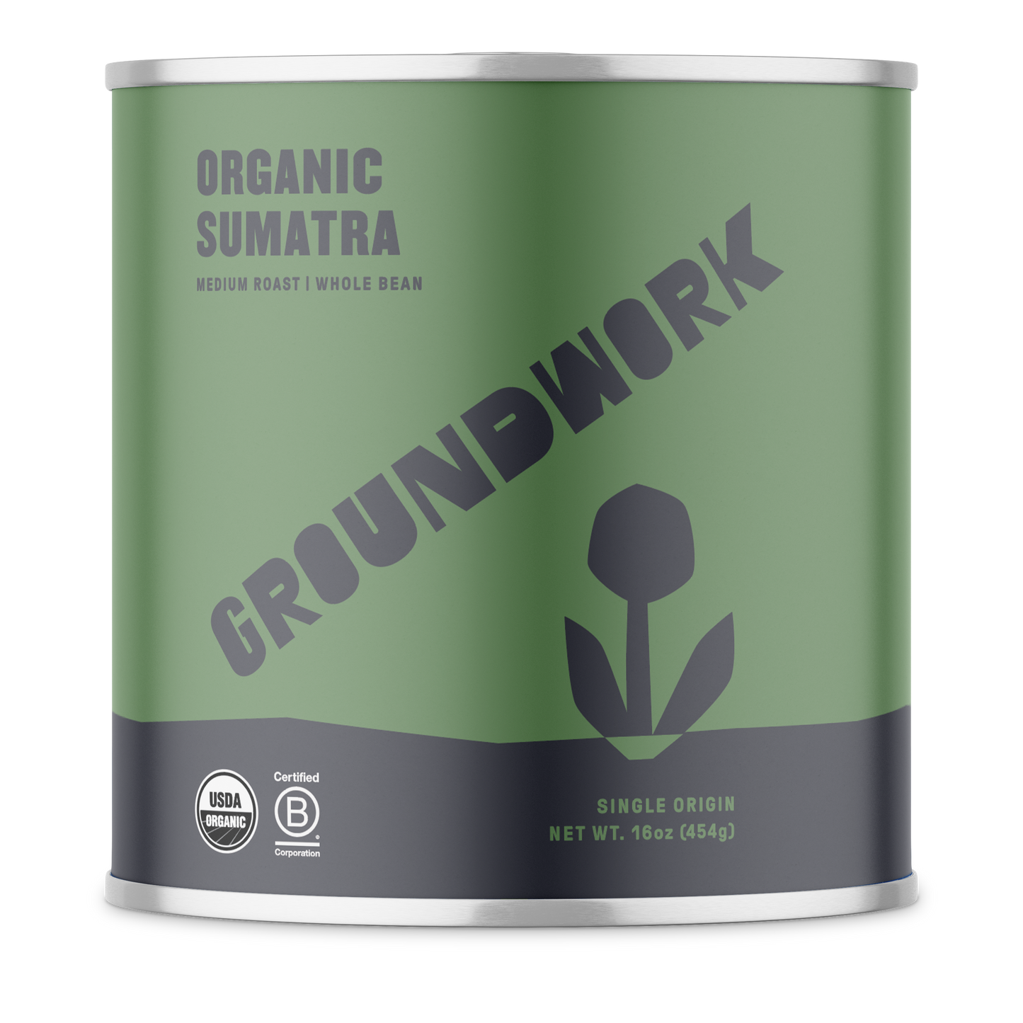 A green canister of Groundwork Coffee Stores Sumatra: Gayo Buana Mandiri whole bean coffee, with a flower logo and certification symbols on the front.