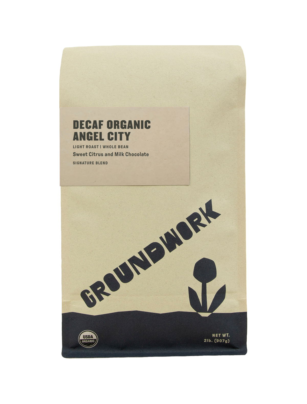 A brown bag of Groundwork Coffees Decaf Angel City features a minimalist flower design, highlighting its light roast whole beans with sweet citrus and milk chocolate notes.