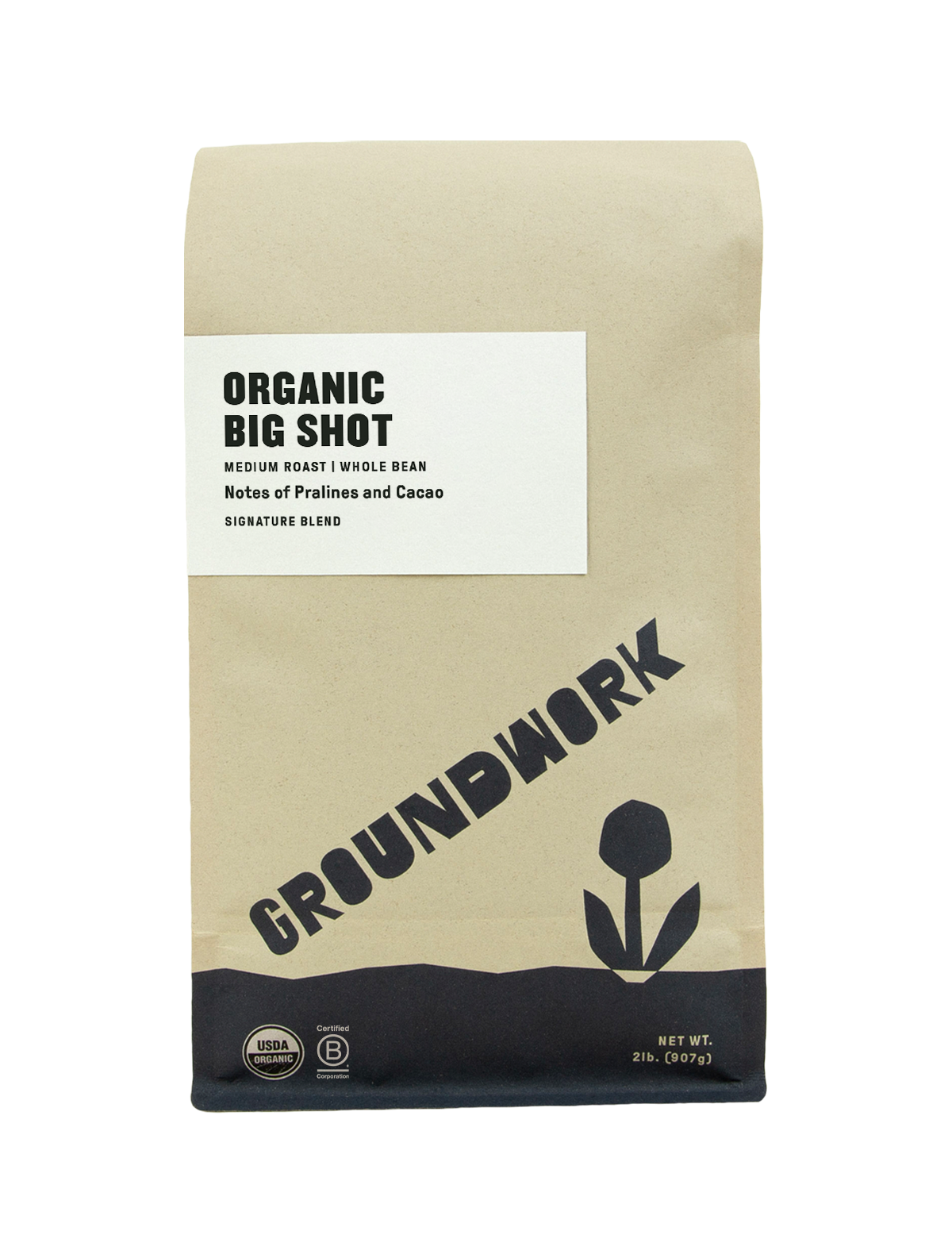 Groundwork Coffee Big Shot, a 2 lb (907g) brown bag of medium roast whole bean coffee with rich praline and cacao notes.