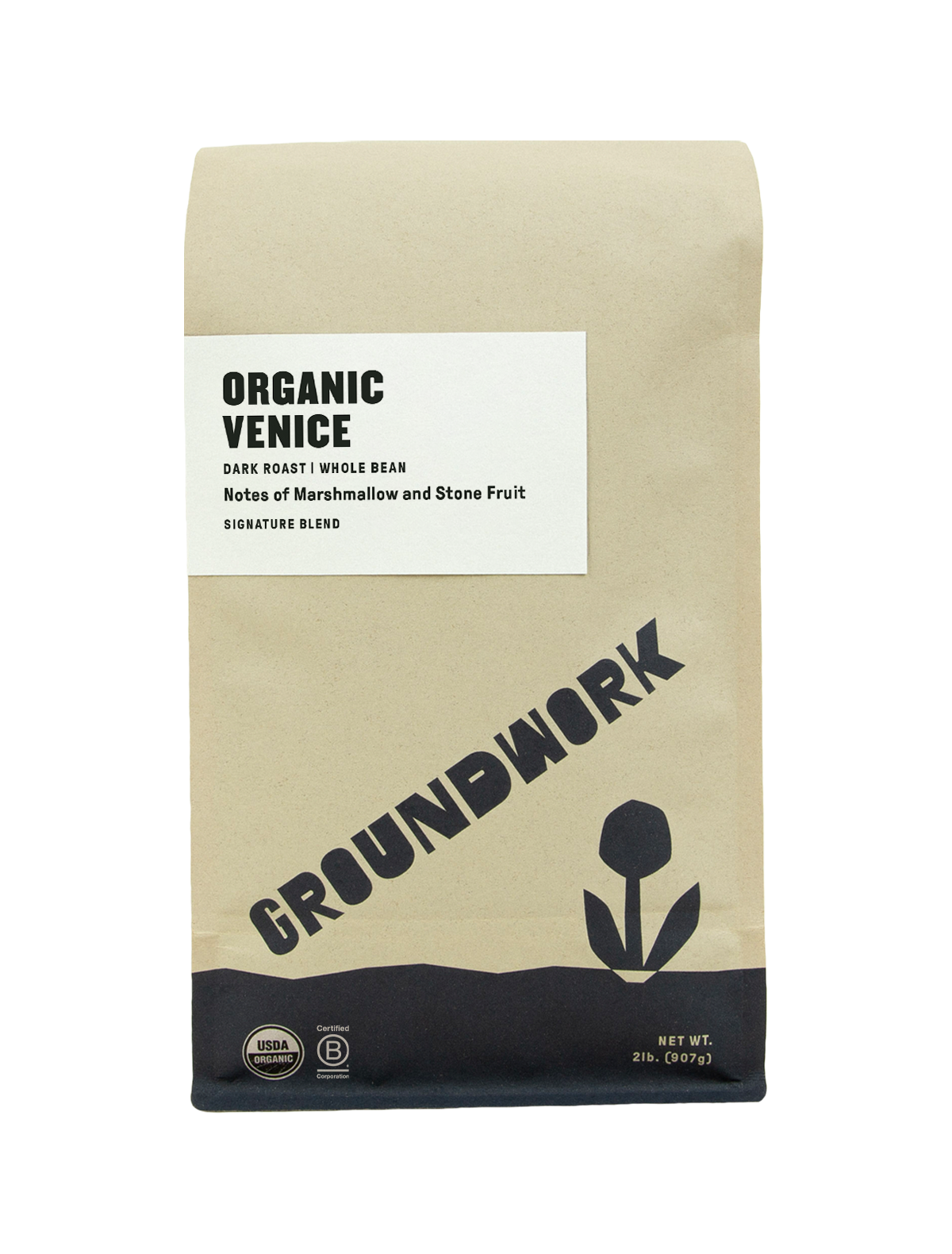 A brown paper bag of Groundwork Coffee Venice whole bean, a dark roast with marshmallow and stone fruit notes.