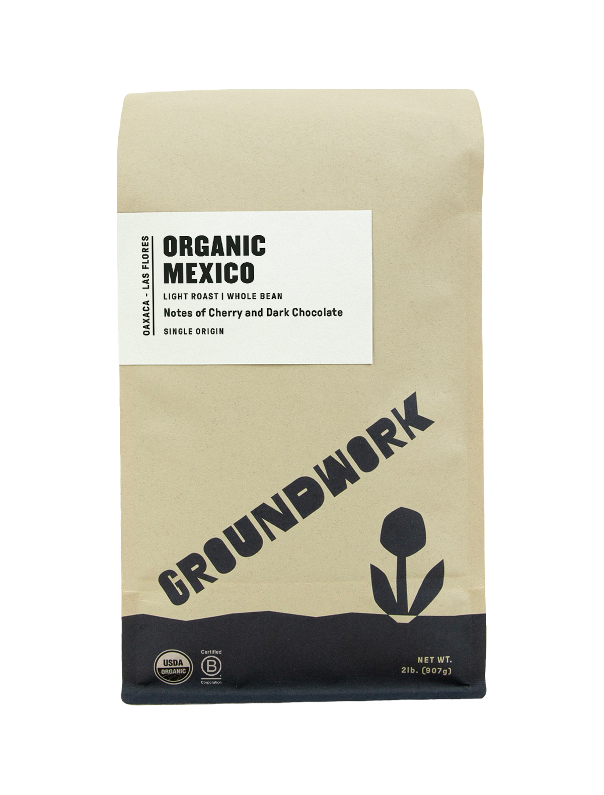 A brown bag of Groundwork Coffee Store Mexico: Oaxaca - Las Flores whole bean, light roast, single origin coffee with cherry and dark chocolate notes.