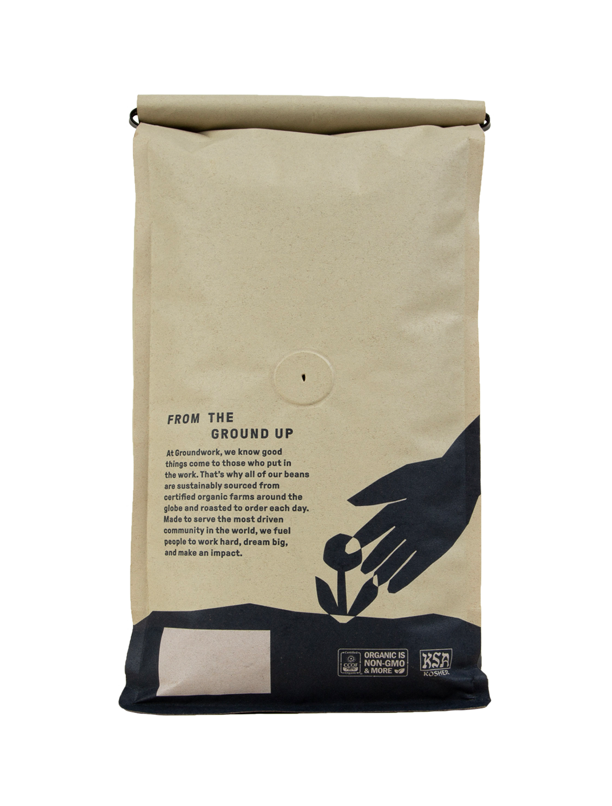The Mexico: Oaxaca - Las Flores coffee from Groundwork Coffee Store comes in a brown bag with black art of a hand planting a seedling, symbolizing quality and sustainability.