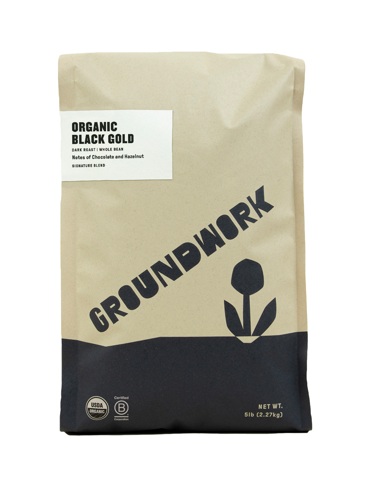 A 5 lb bag of Groundwork Coffee Co Black Gold whole bean coffee, featuring bold chocolate and hazelnut notes and a black flower design.