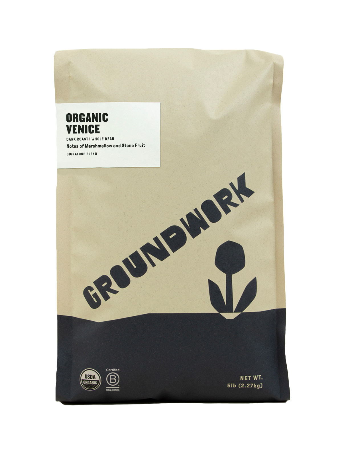 Groundwork Coffee Venice is a 5lb bag of organic whole bean coffee, dark roasted with marshmallow and stone fruit notes in a minimalist package.