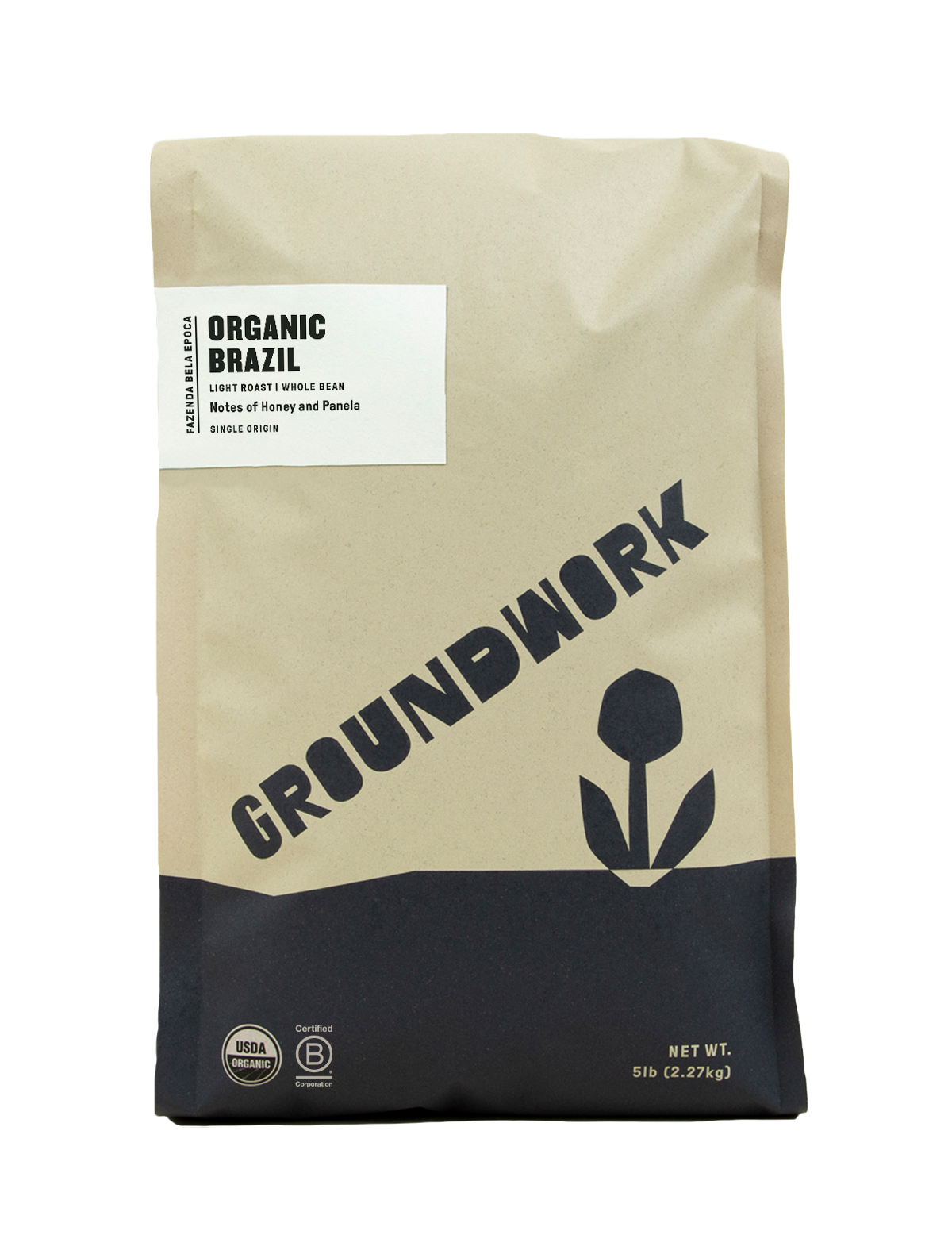A 5 lb bag of Groundwork Coffee Store’s Brazil: Fazenda Bela Epoca whole bean coffee, with honey and panela notes, in a tan and black package featuring a simple flower graphic.