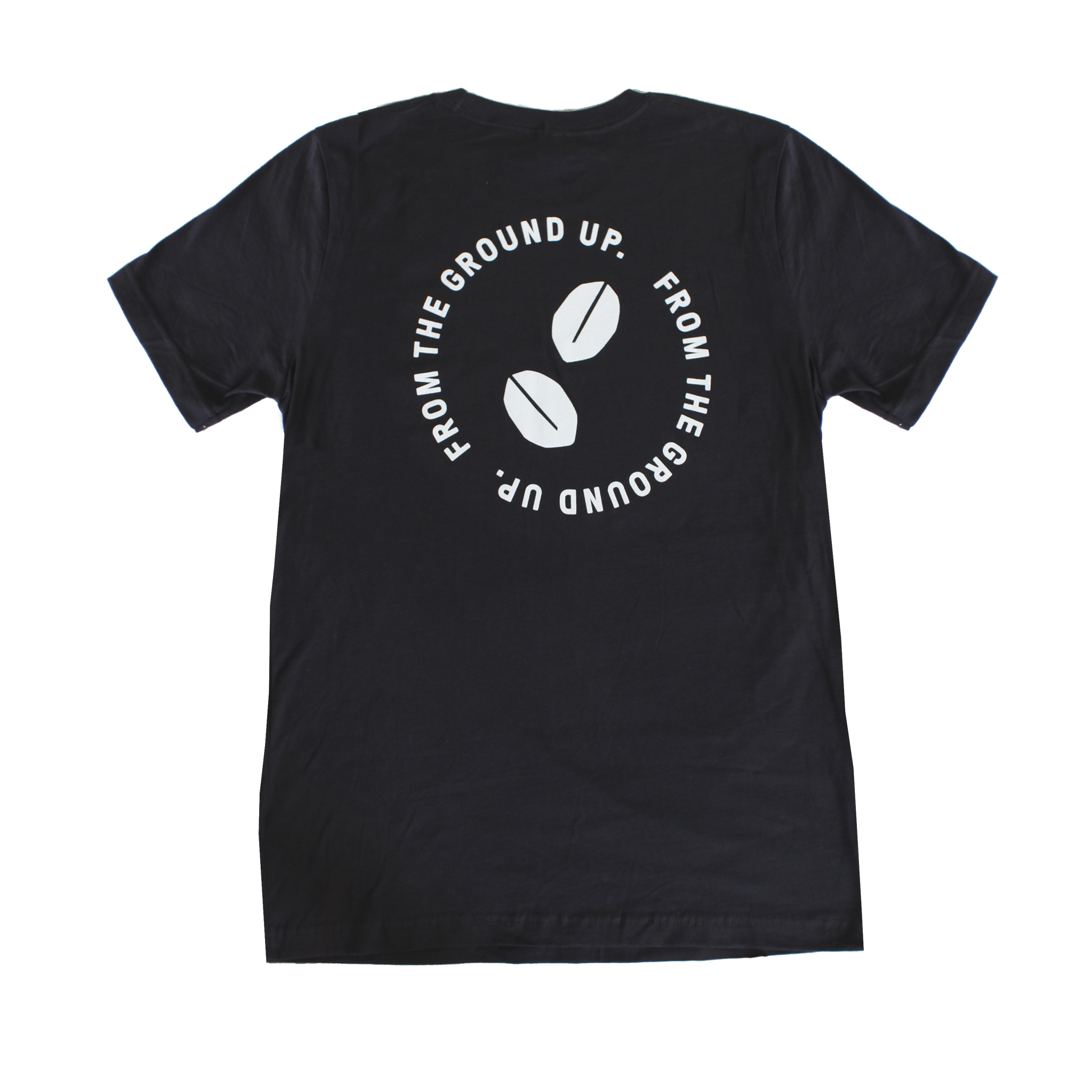 Back of Groundwork t-shirt with "From the ground up" text surrounding coffee beans.