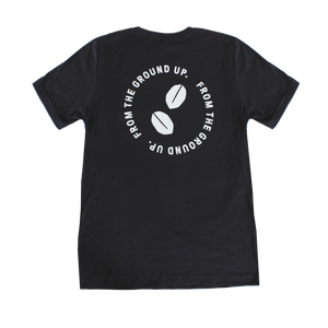 Back of Groundwork t-shirt with "From the ground up" text surrounding coffee beans.