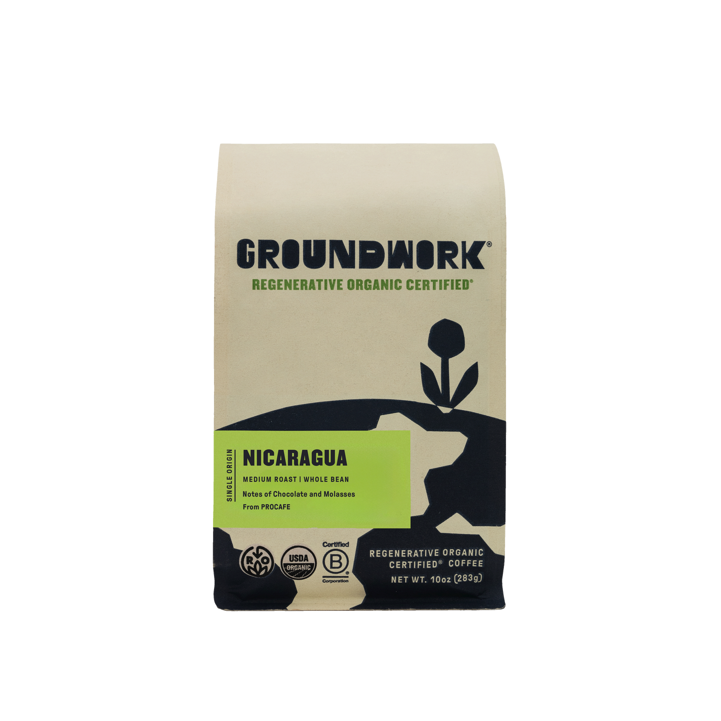 Groundwork Regenerative Organic Certified® Nicaragua coffee bag. Medium roast whole bean, single origin from PROCAFE with tasting notes of chocolate and molasses. Certified USDA Organic, Regenerative Organic Certified®, and B Corporation. Net weight 10 oz (283 g). Beige packaging with black and green design.
