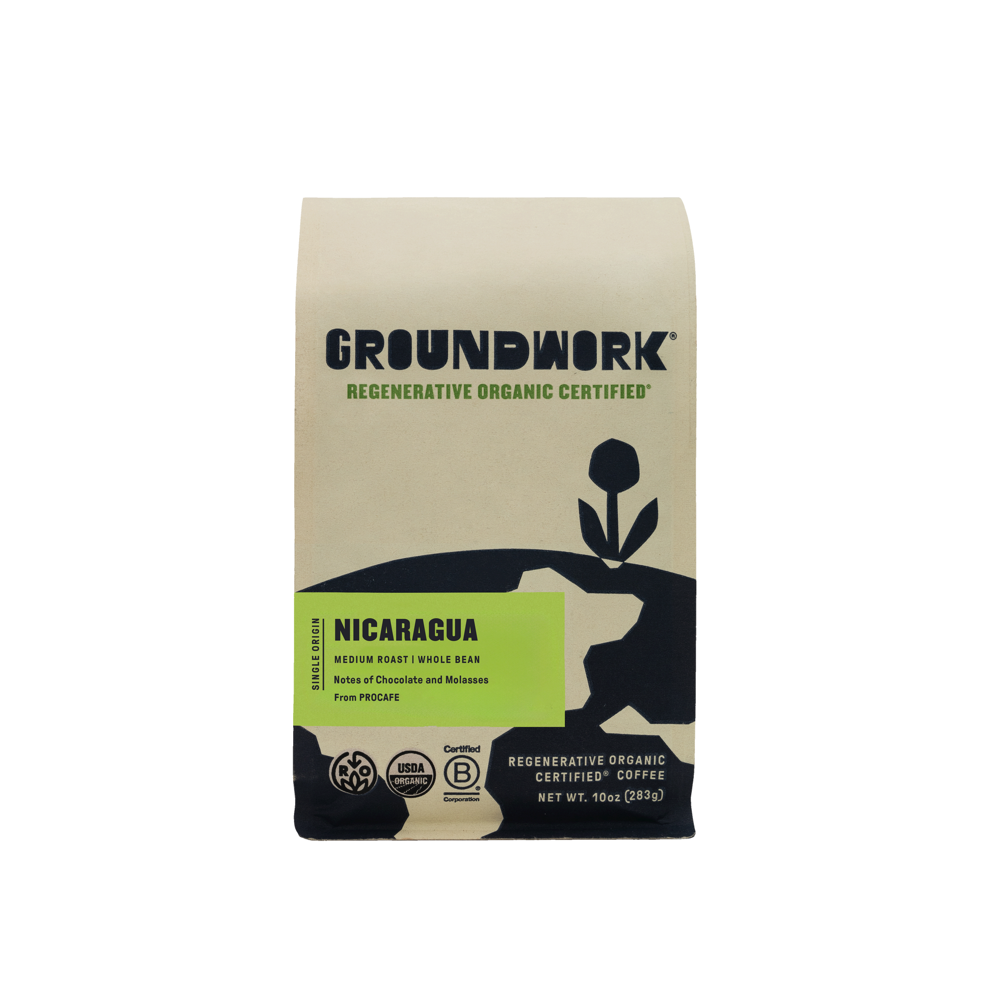 Groundwork Regenerative Organic Certified® Nicaragua coffee bag. Medium roast whole bean, single origin from PROCAFE with tasting notes of chocolate and molasses. Certified USDA Organic, Regenerative Organic Certified®, and B Corporation. Net weight 10 oz (283 g). Beige packaging with black and green design.
